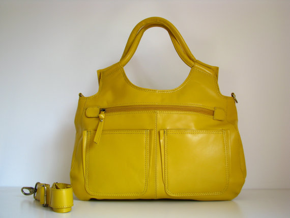 Leather Handbag Satchel Tote Yellow