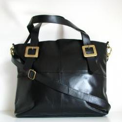 Leather Handbag Buckle Tote, Black
