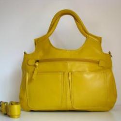 Leather Handbag Satchel Tote Yellow